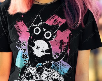 Pastel Goth Batsu Neko Unisex T-Shirt, Yami Kawaii Badtz Neko, Creepy Cute Mischievous Black Cat’s Skull Collection, Pastel Voodoo Cat Doll