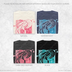 May include: Four t-shirts with a jellyfish graphic design. The t-shirts are in the colors natural, heather navy, dark grey heather, and black. The jellyfish graphic is in pink and blue on each shirt.