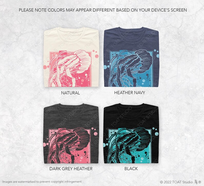 May include: Four t-shirts with a jellyfish graphic design. The t-shirts are in the colors natural, heather navy, dark grey heather, and black. The jellyfish graphic is in pink and blue on each shirt.