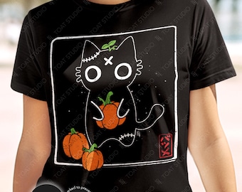 Maglietta non sexy di Halloween Batsu Neko Pumpkins: grafica di zucca di gatto nero spettrale Yami Kawaii