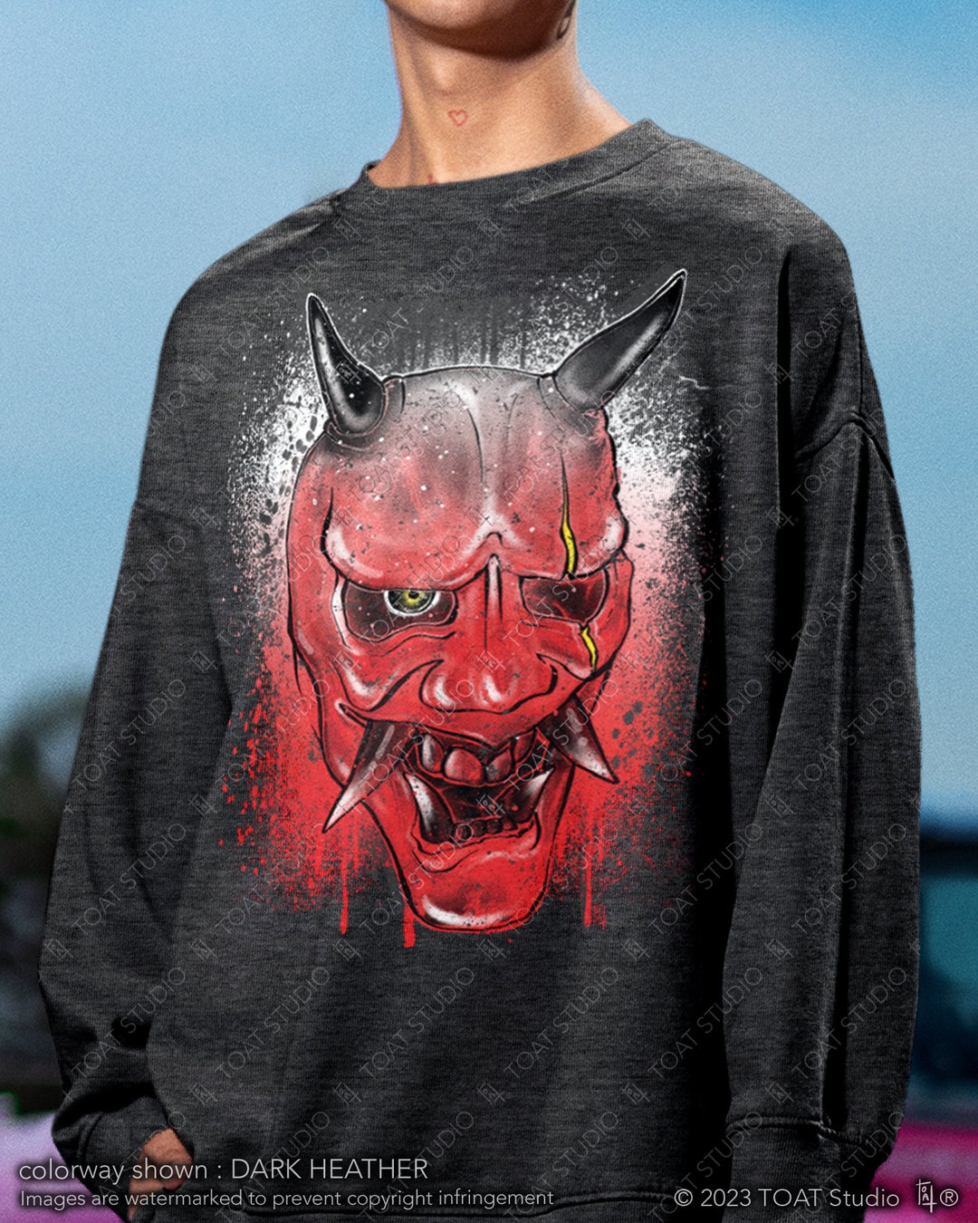 Red Hannya Mask Unisex Crewneck Sweatshirt, Japanese Face Mask, Noh