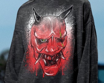Red Hannya Mask Unisex Crewneck Sweatshirt, Japanese Face Mask, Noh Theater, Japanese Folklore, Female Demon Mask, Horned Hannya Mask