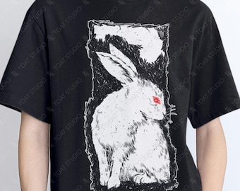 Rabbit Blockprint Unisex T-Shirt, Bunny Artwork, Year of Rabbit, White Rabbit, Albino Bunny, Mammal Drawing, Easter Bunny, Bunny Pet Art