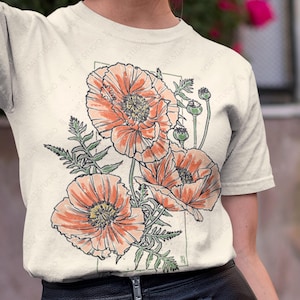 Mohnblumen III Unisex T-Shirt, Florales T-Shirt, Naturliebhaber Shirt, Botanisches Top, Gartenthemabekleidung, Sommermode, orange Wildblume