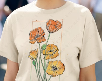 Poppy Flowers II Unisex T-Shirt: California Orange Wildflower Fields, Vintage Poppies Botanical Floral Illustration