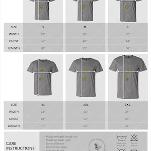 May include: A unisex size chart for t-shirts, displaying measurements for sizes S to 3XL. The chart includes width, chest, and length in inches. Care instructions are also provided, including washing and drying guidelines.