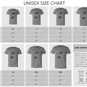 May include: Unisex size chart for t-shirts with measurements in inches for width, chest, and length. Sizes range from XS to 3XL. Care instructions include machine wash inside out, cold water, do not bleach, do not dry clean, iron inside out, and hang dry to maintain print quality.