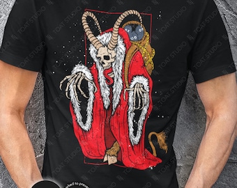 May include: Black t-shirt featuring a Krampus design. The illustration depicts a skeletal figure with horns, a red robe with white trim, and a sack. The text "TOAT STUDIO" is visible.