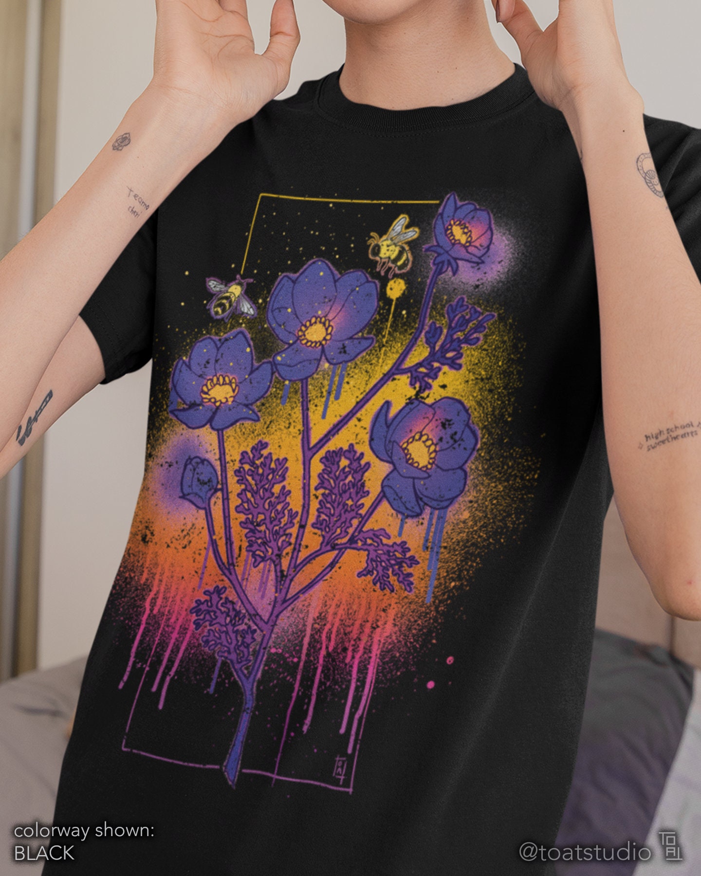 Dripping Cosmos Unisex T-shirt, Cosmos Flowers, Purple Wildflowers, Yellow Bumble Bees, Spring Bloom, Graffiti Spray Painted Cosmos Bouquet