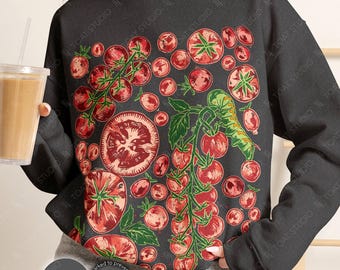 Tomato Blockprint III Unisex Sweatshirt: Vintage Fruit Tomatoes Illustration, Tomato Hornworm & Garden Plant