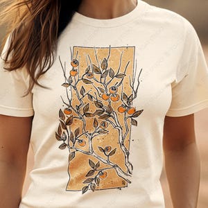 T-shirt unisexe kaki, art d&#39;arbre fruitier kaki, jardin botanique fruitier, kaki d&#39;automne, récolte des vergers de kaki