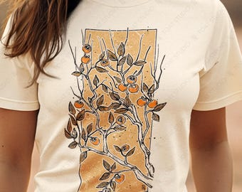 Persimmon Blockprint Unisex T-shirt, Persimmons Fruit Tree Art, Botanical Fruit Garden, Fall Persimmon Tree, Harvesting Persimmon Orchards