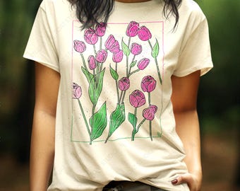 Pink Tulips Unisex T-shirt: Vintage Botanical Floral Art, Tulip Flower Drawing, Spring Flower Illustration