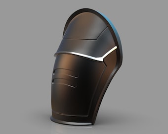 May include: Black knee pad with a silver accent and a curved shape. The knee pad is made of a hard plastic material.