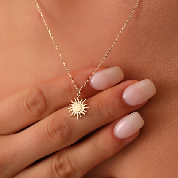 14K Gold Sun Necklace, Minimalist Gold Sun Necklace, 14k solid gold sun necklace, Handmade Gold Celestial Pendant, Dainty Gold Sun Necklace