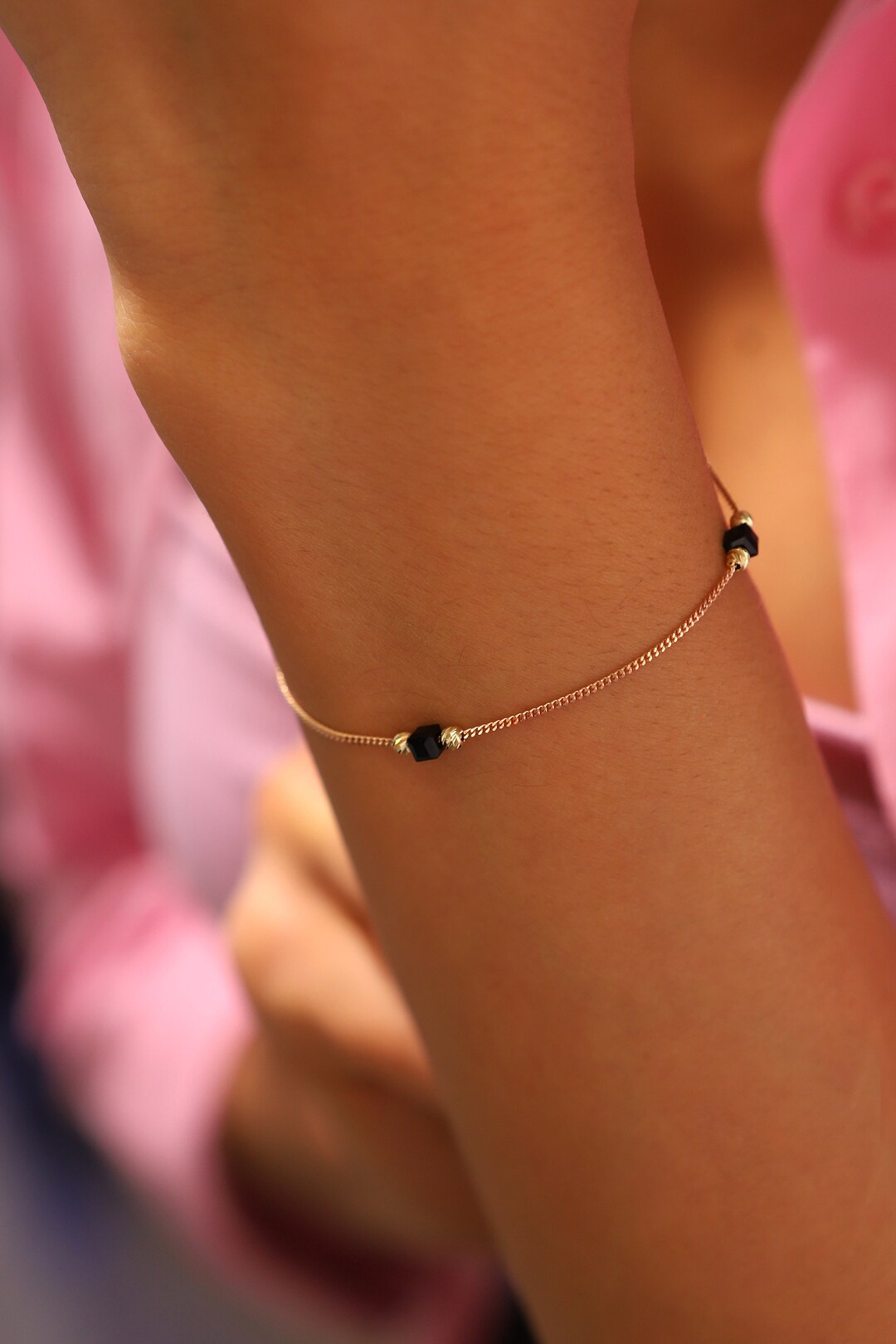 Gold Onyx Bracelet, 14k Solid Gold Onyx Bracelet, Halloween Gold Onyx