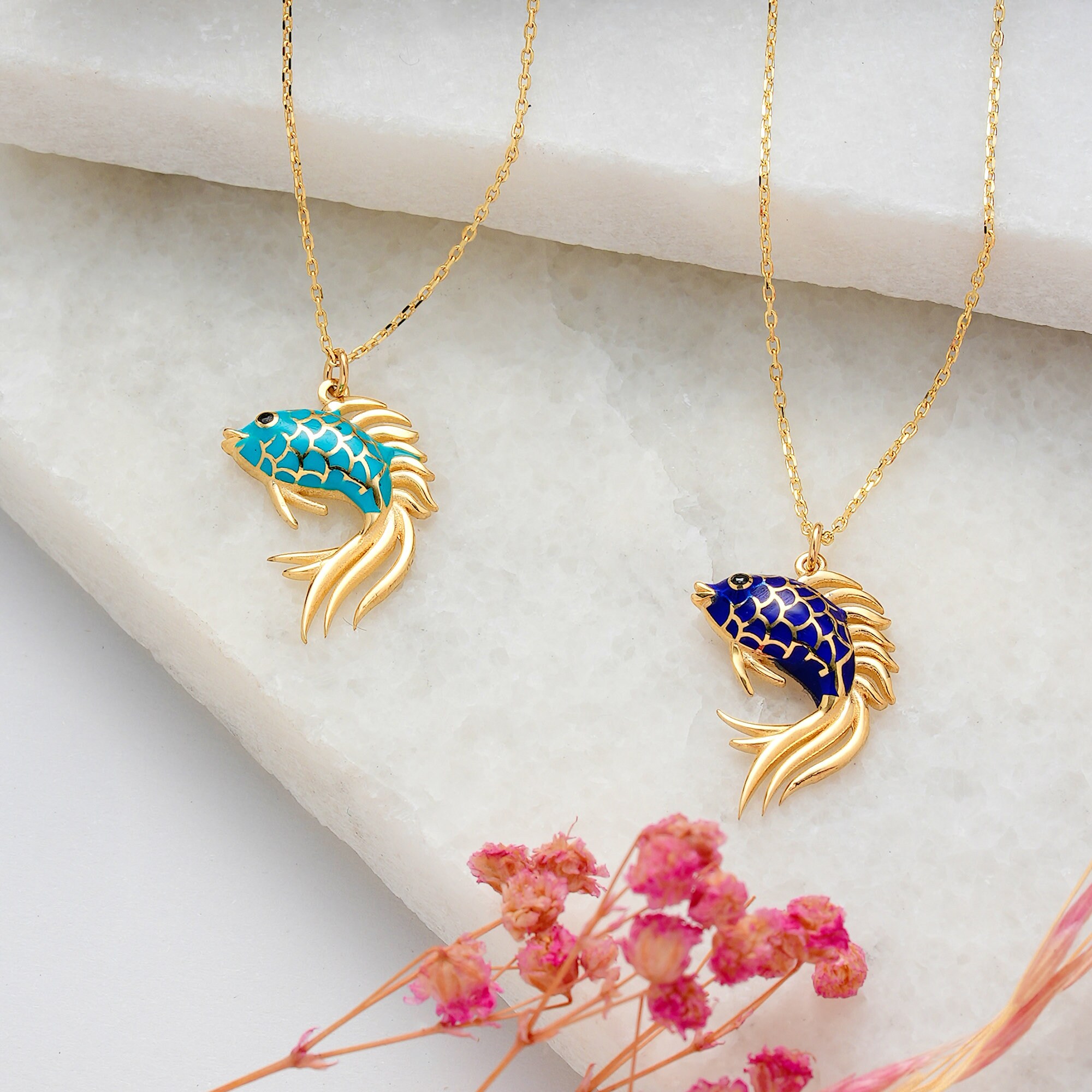 Fish Necklace 14k Solid Gold Fish Pendant Animal Necklace Etsy