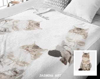 Gepersonaliseerde kattenportretdeken - aangepaste kattenillustratie plaid, uniek kattencadeau moeder, koosnaam en gezicht fleecedeken, kattenliefhebber woondecoratie