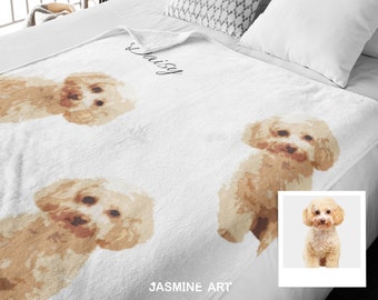 Personalized Dog Portrait Blanket - Custom Dog Illustration Throw, Unique Dog Mom Gift, Pet Name & Face Fleece Blanket, Dog Lover Home Decor