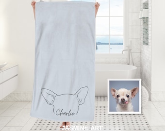 Toalla de playa de boceto de mascota personalizable, toalla fotográfica personalizada con cara de mascota, accesorio de playa único para amantes de las mascotas con contorno de oreja de mascota