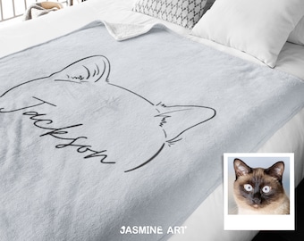 Hand-Drawn Pet Outline Blanket, Custom Dog Sketch Fleece Throw, Personalized Pet Lover Gift, Artisan-Crafted Dog Face Blanket