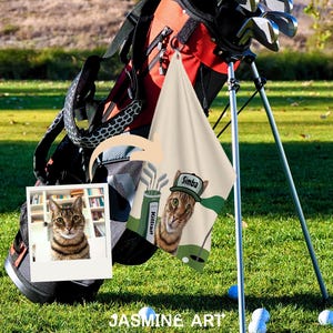 May include: A golf bag with clubs, a golf towel, and a polaroid photo of a cat on a green golf course. The towel features a cat wearing a golf hat with the name "Simba". The polaroid photo shows a tabby cat.