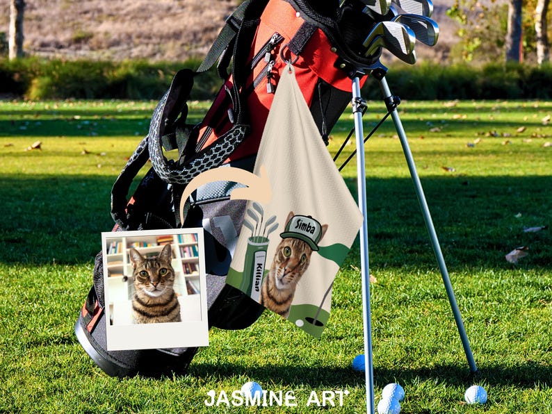 May include: A golf bag with clubs, a golf towel, and a polaroid photo of a cat on a green golf course. The towel features a cat wearing a golf hat with the name "Simba". The polaroid photo shows a tabby cat.