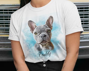 Custom Watercolor Pet Portrait T-Shirt, Personalized Pet Face Shirt, Gift for Dog Moms & Pet Lovers, Pet Memorial Gift