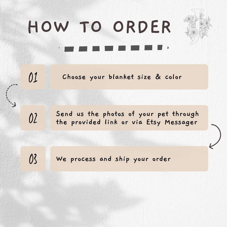 May include: How to order a custom pet blanket. Choose your blanket size and color, send photos of your pet through the provided link or Etsy Messenger, and we will process and ship your order.