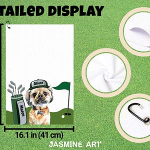 May include: White golf towel, 24 inches (61 cm) long, featuring a dog wearing a golf cap with the name "Oliver". The towel has a golf bag with clubs and the name "Mason". Includes a green flag and golf ball.