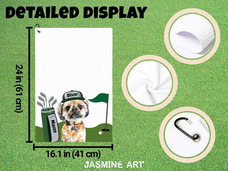 May include: White golf towel, 24 inches (61 cm) long, featuring a dog wearing a golf cap with the name "Oliver". The towel has a golf bag with clubs and the name "Mason". Includes a green flag and golf ball.