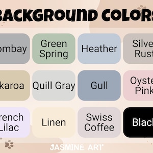 May include: A color palette graphic with the text "BACKGROUND COLORS" at the top. The image displays 12 color swatches, each labeled with a color name, including Bombay, Green Spring, Heather, and Black. The artist's name, "JASMINE ART," is at the bottom.