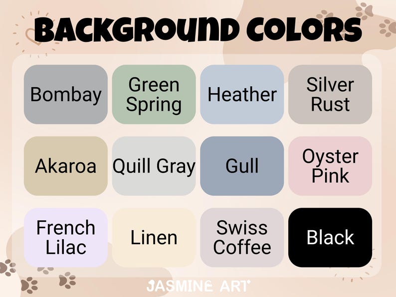 May include: A color palette graphic with the text "BACKGROUND COLORS" at the top. The image displays 12 color swatches, each labeled with a color name, including Bombay, Green Spring, Heather, and Black. The artist's name, "JASMINE ART," is at the bottom.