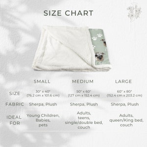 May include: Size chart for a sherpa fleece blanket with three sizes: small (30" x 40", 76.2 cm x 101.6 cm), medium (50" x 60", 127 cm x 152.4 cm), and large (60" x 80", 152.4 cm x 203.2 cm).