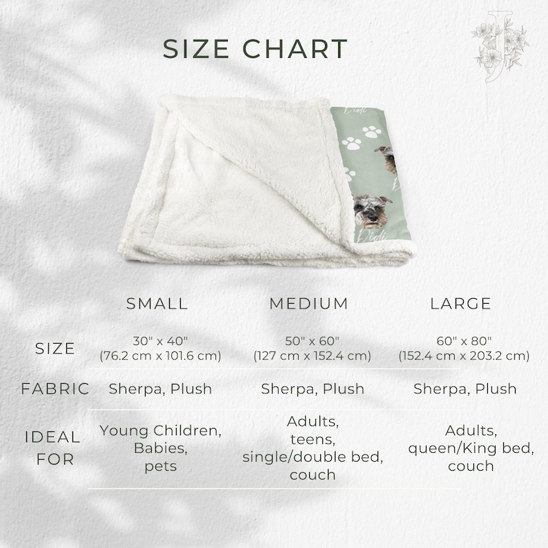 May include: Size chart for a sherpa fleece blanket with three sizes: small (30" x 40", 76.2 cm x 101.6 cm), medium (50" x 60", 127 cm x 152.4 cm), and large (60" x 80", 152.4 cm x 203.2 cm).