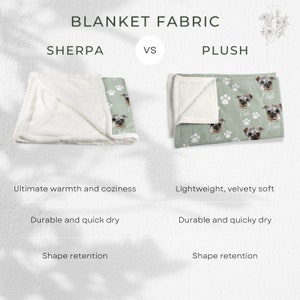 May include: Comparison of sherpa and plush blanket fabrics. Sherpa is described as providing ultimate warmth and coziness, durable and quick dry, and shape retention. Plush is described as lightweight, velvety soft, durable and quicky dry, and shape retention.