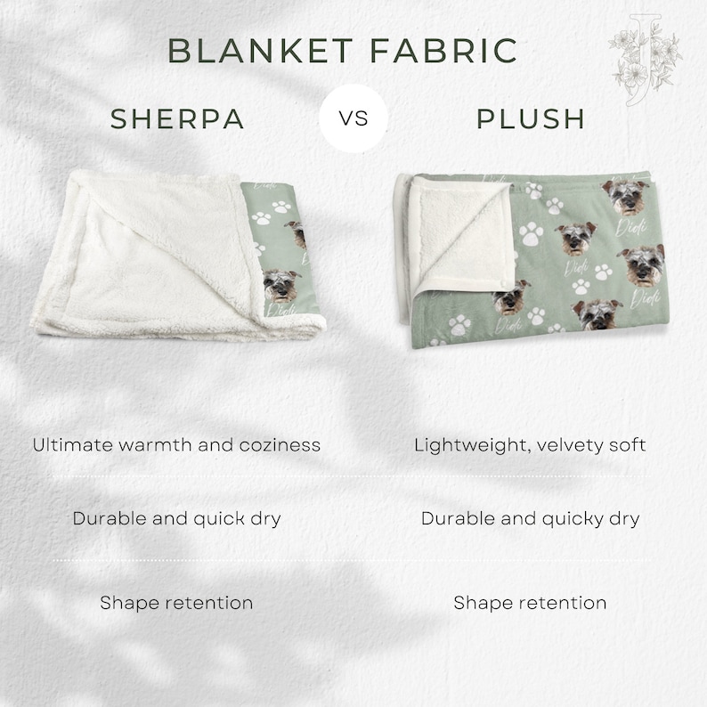 May include: Comparison of sherpa and plush blanket fabrics. Sherpa is described as providing ultimate warmth and coziness, durable and quick dry, and shape retention. Plush is described as lightweight, velvety soft, durable and quicky dry, and shape retention.