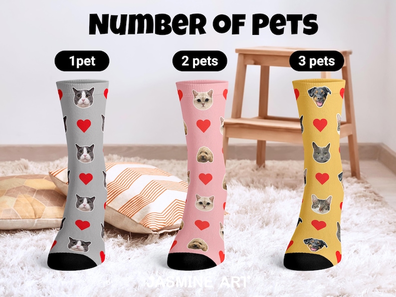 May include: Three pairs of knee-high socks with pet-themed designs. One pair is gray with cat faces and red hearts, another is pink with cat and dog faces and red hearts, and the third is yellow with dog and cat faces and red hearts. The text "NUMBER OF PETS" is at the top.