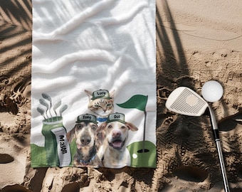 Personalized Golf Towel with Pet Photos, Funny Custom Golf Towel with Dog & Cat Faces, Custom Golf Gifts for Men, Custom Dog Cat Face Gift