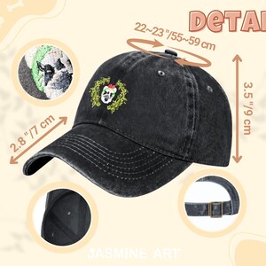 May include: Black distressed denim baseball cap with an embroidered green wreath and a dog wearing a Santa hat. The cap has a 2.8 inch brim and is adjustable to fit head sizes between 22 and 23 inches.