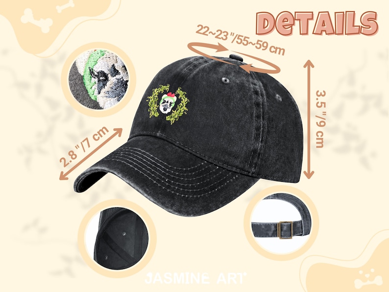 May include: Black distressed denim baseball cap with an embroidered green wreath and a dog wearing a Santa hat. The cap has a 2.8 inch brim and is adjustable to fit head sizes between 22 and 23 inches.