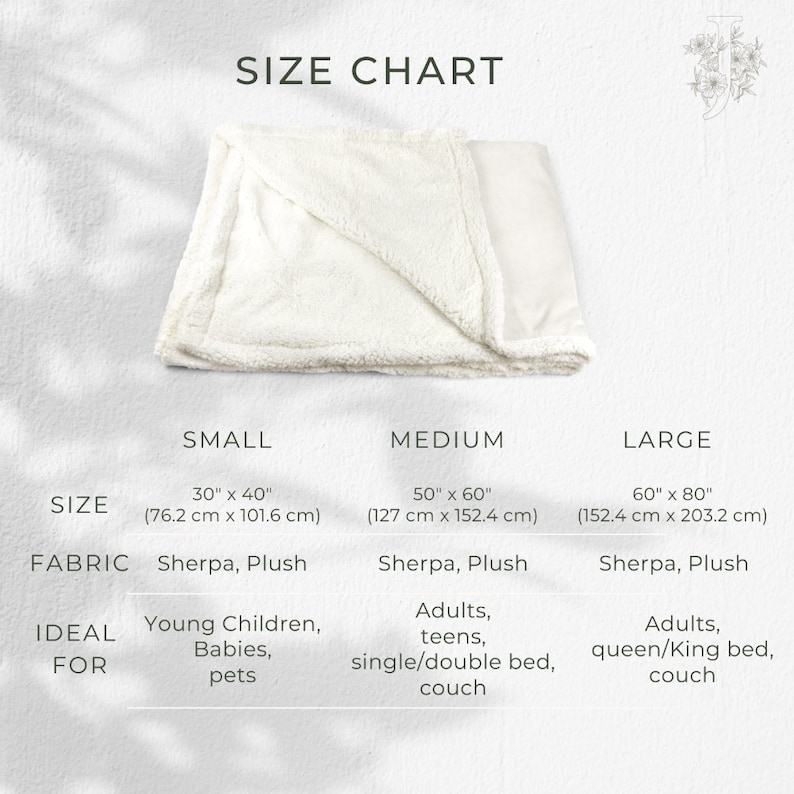 May include: Size chart for a sherpa plush blanket. The chart shows three sizes: small (30" x 40", 76.2 cm x 101.6 cm), medium (50" x 60", 127 cm x 152.4 cm), and large (60" x 80", 152.4 cm x 203.2 cm).