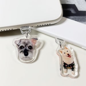 Puede incluir: Dos encantos de acrílico transparente con retratos de perros. El primer encanto es un primer plano de un schnauzer gris y blanco. El segundo encanto es un perro blanco que lleva una chaqueta verde y negra.