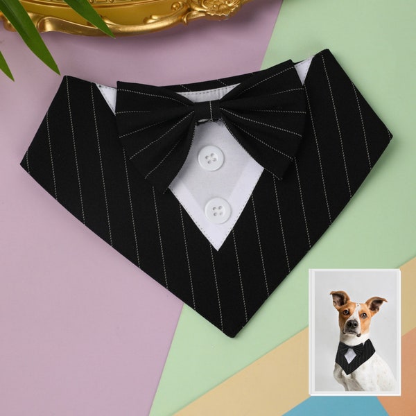 Dog Tuxedo Bandana Wedding Costume Bow Tie Accessory with Velcro Strap, Dog Best Man Groomsman Ring Bearer Formal Event Over the Collar