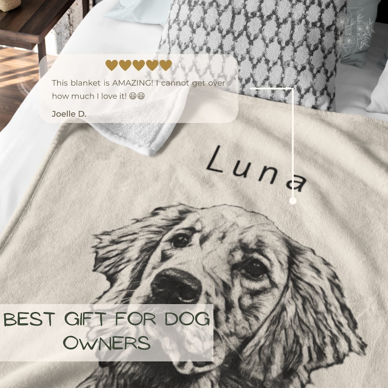 May include: A beige fleece blanket featuring a black and white illustration of a dog's head. The dog's name "Luna" is written in black text above the dog's head. The text "BEST GIFT FOR DOG OWNERS" is written in black text at the bottom of the blanket.