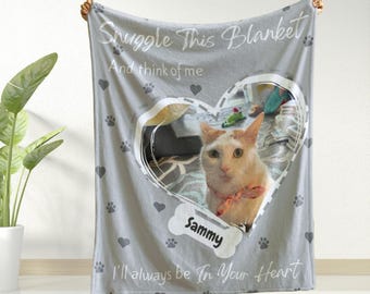 Custom Blanket with Photo and Name, Personalized Cat Photo Blanket, Pet Loss Throw for Cat Mom Dad, Sympathy Keepsake Gift for Pets Lovers