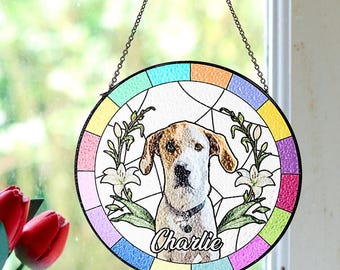 Attrape-soleil pour portrait d'animal de compagnie personnalisé avec couronne de fleurs, attrape-soleil personnalisé en vitrail pour chien ou chat, bordure colorée, cadeau commémoratif pour animal de compagnie