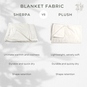 May include: A comparison chart of two types of blanket fabric: sherpa and plush. The chart lists the benefits of each fabric type, including warmth, softness, and durability.