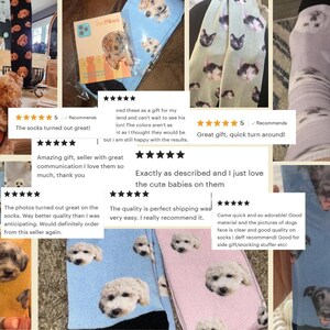 May include: A collage of dog-themed products, including socks with various dog breeds, a phone case with a dog design, and a scarf with cat faces. The socks feature images of dogs on a blue, pink, and yellow background.