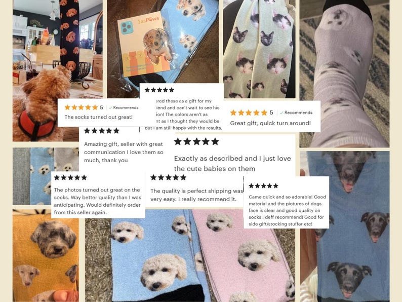 May include: A collage of dog-themed products, including socks with various dog breeds, a phone case with a dog design, and a scarf with cat faces. The socks feature images of dogs on a blue, pink, and yellow background.